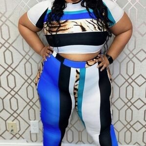 Colorblock and animal print blue, black, and white 2pc Pantset Sizes 1X and 3X